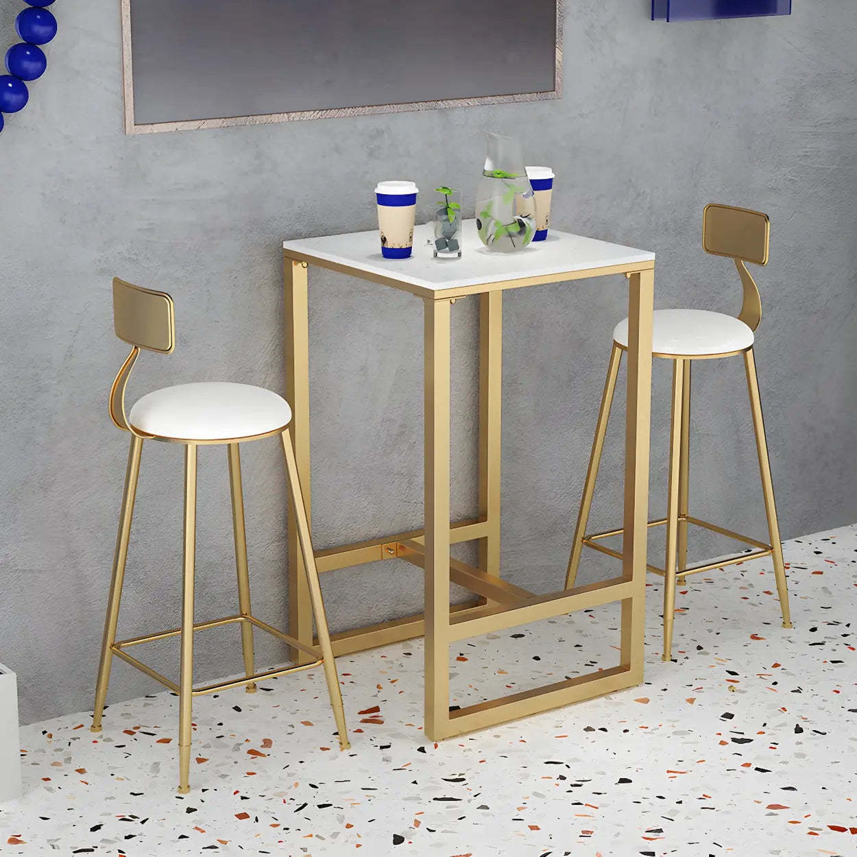Industrial square faux gold bar tables in marble — 27.6" L x 27.6" W