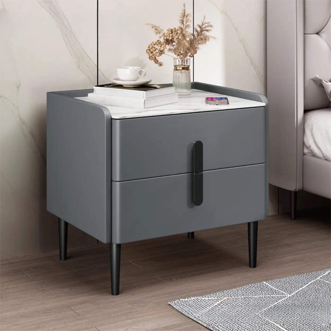 Modern Gray Marble Top Nightstand with Drawers