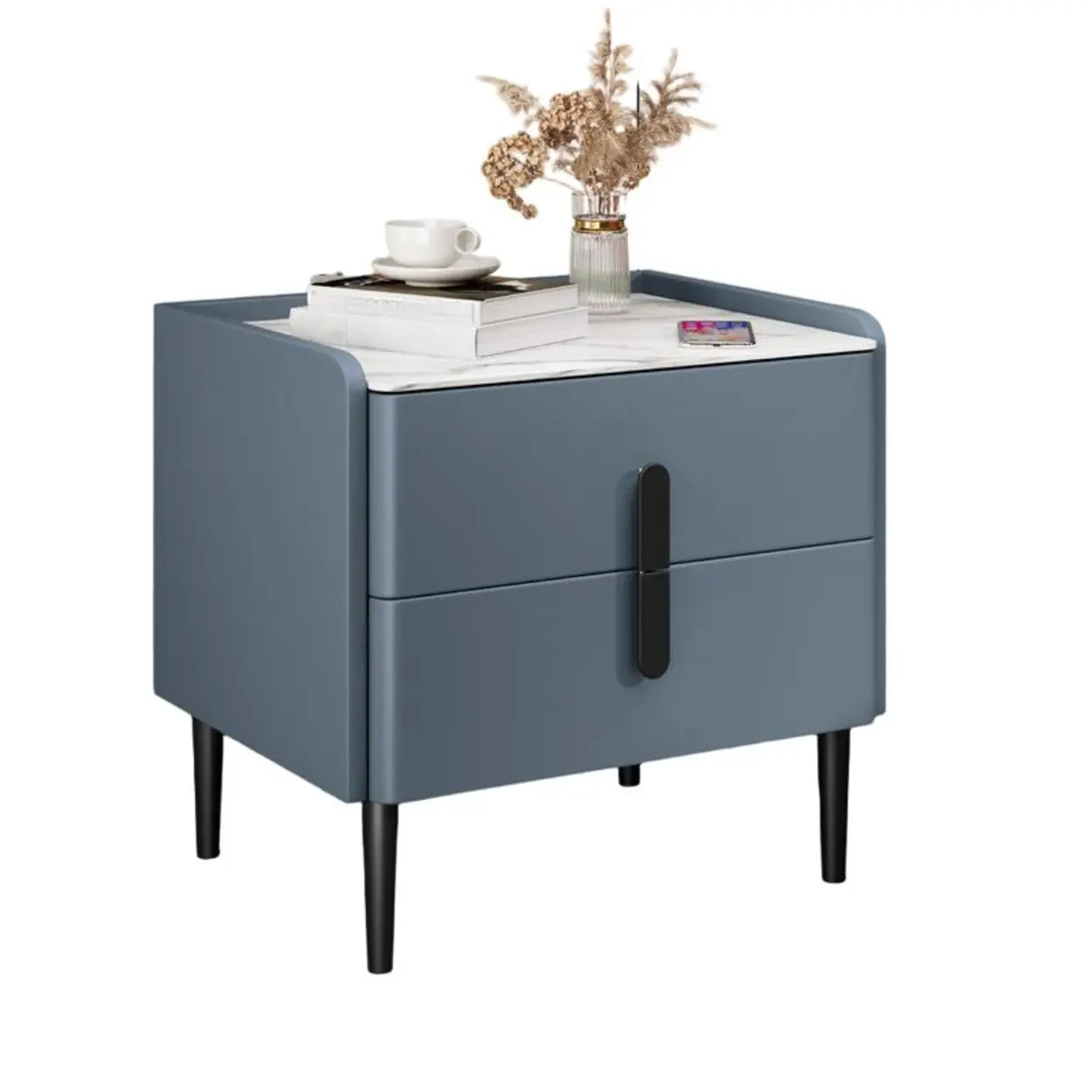Modern Gray Marble Top Nightstand with Drawers — Light Green