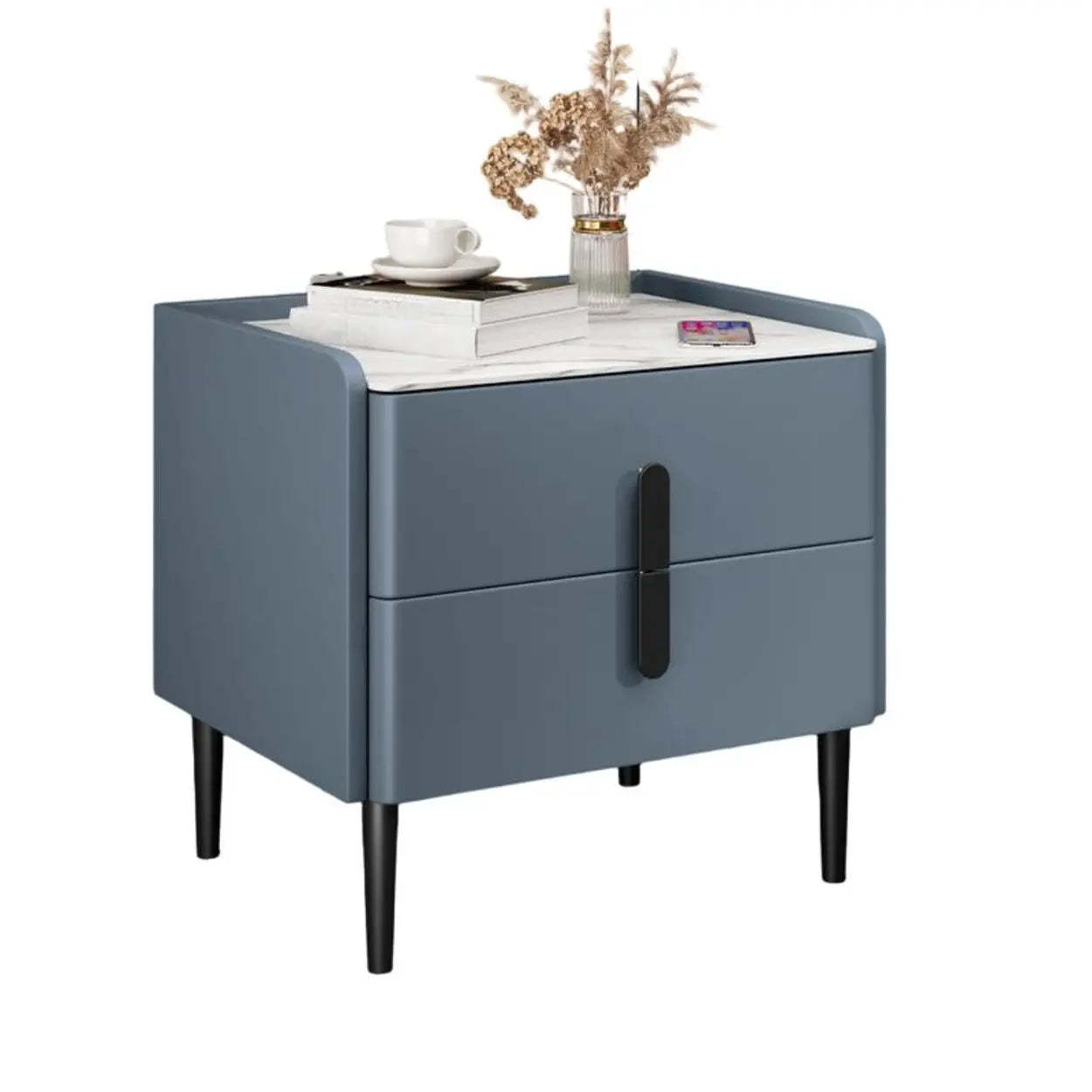 Modern Gray Marble Top Nightstand with Drawers — Light Green