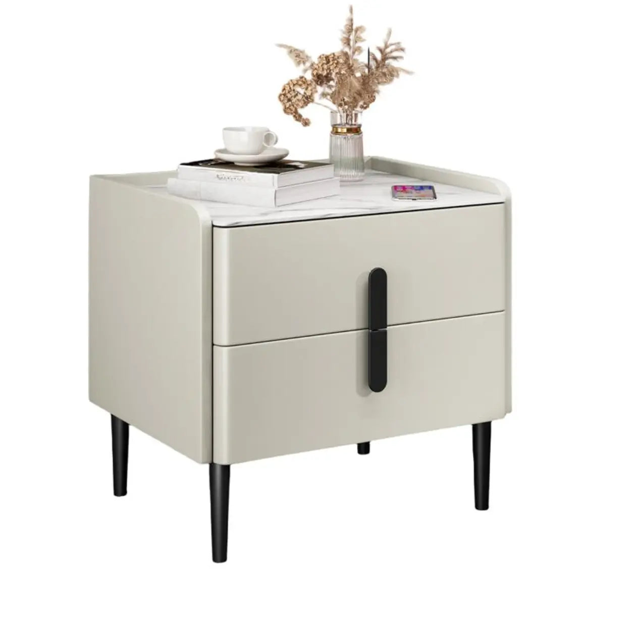 Modern Gray Marble Top Nightstand with Drawers