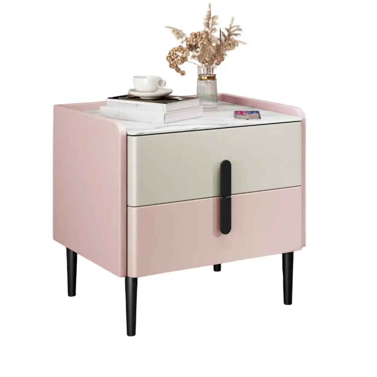 Modern Gray Marble Top Nightstand with Drawers
