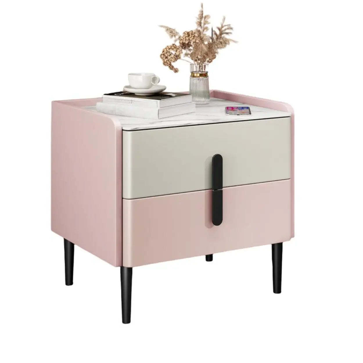 Modern Gray Marble Top Nightstand with Drawers