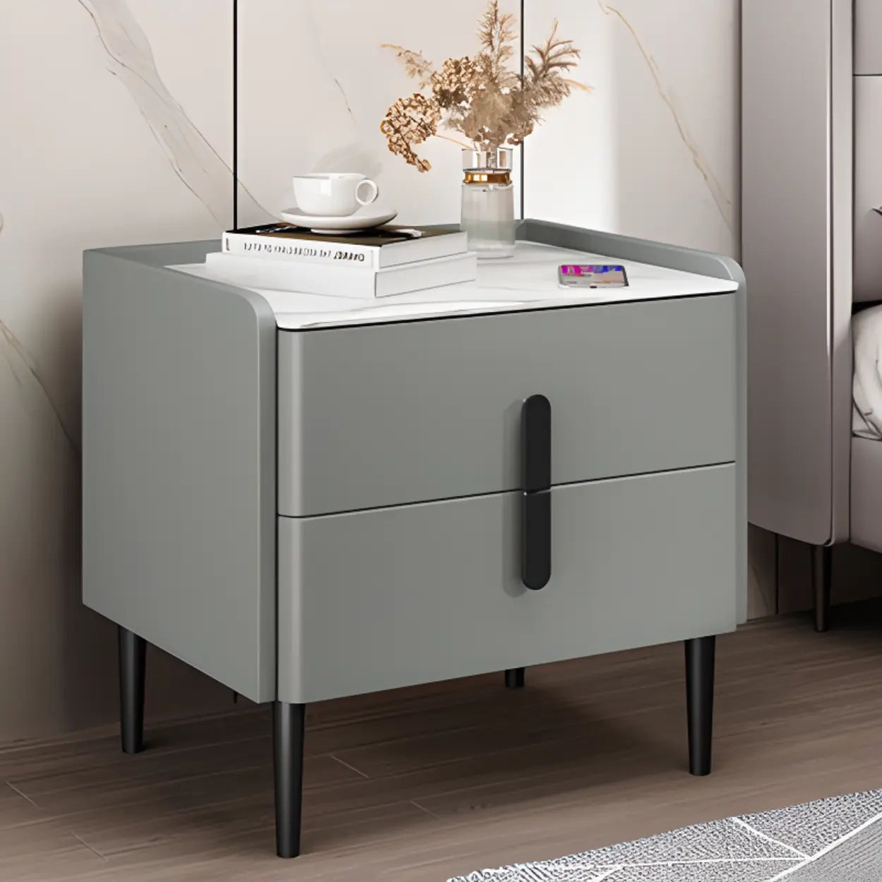 Modern Gray Marble Top Nightstand with Drawers