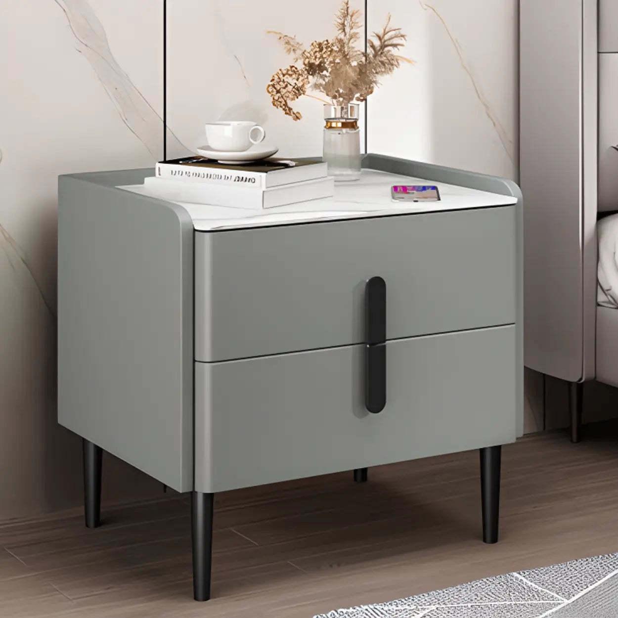 Modern Gray Marble Top Nightstand with Drawers