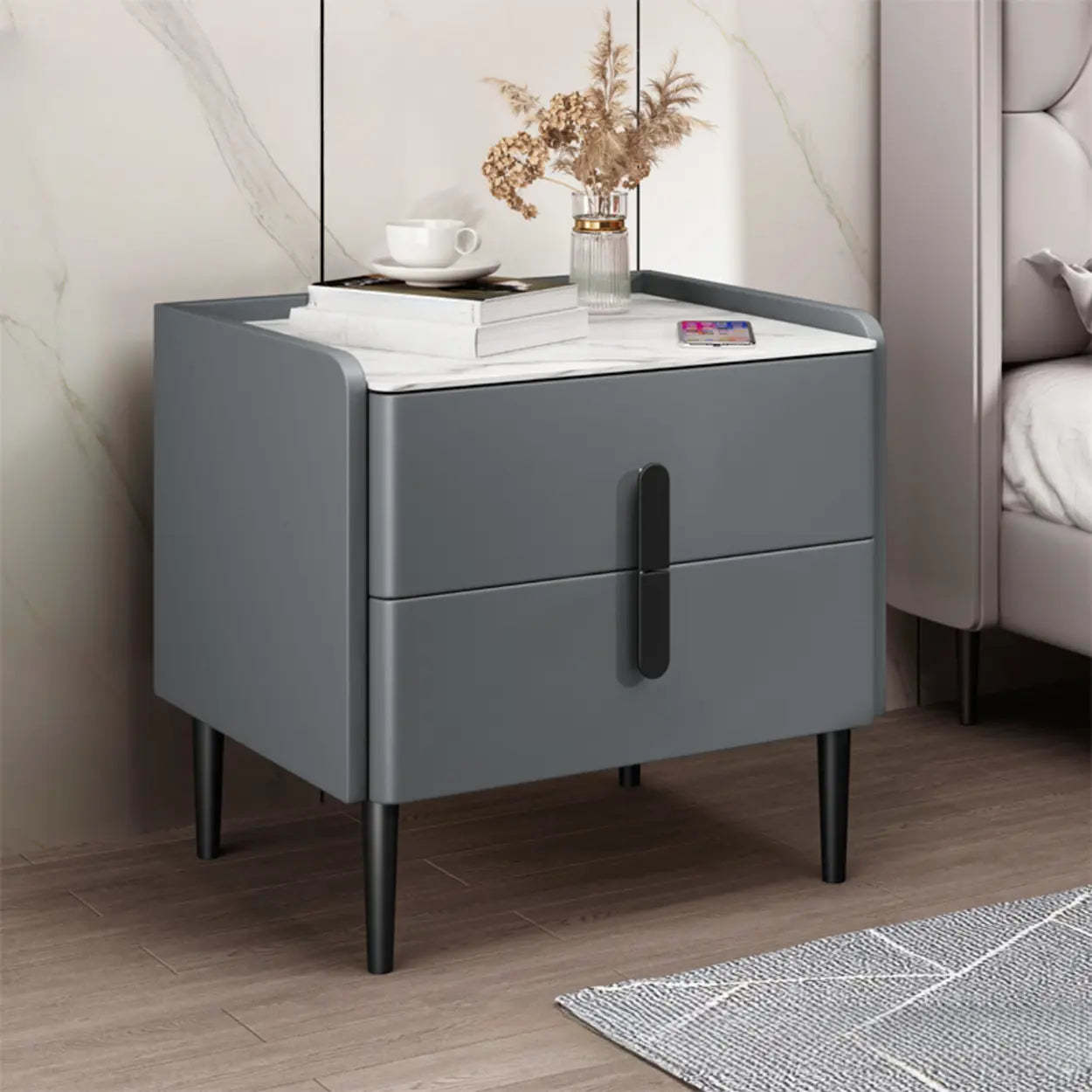 Modern Gray Marble Top Nightstand with Drawers — Off-White