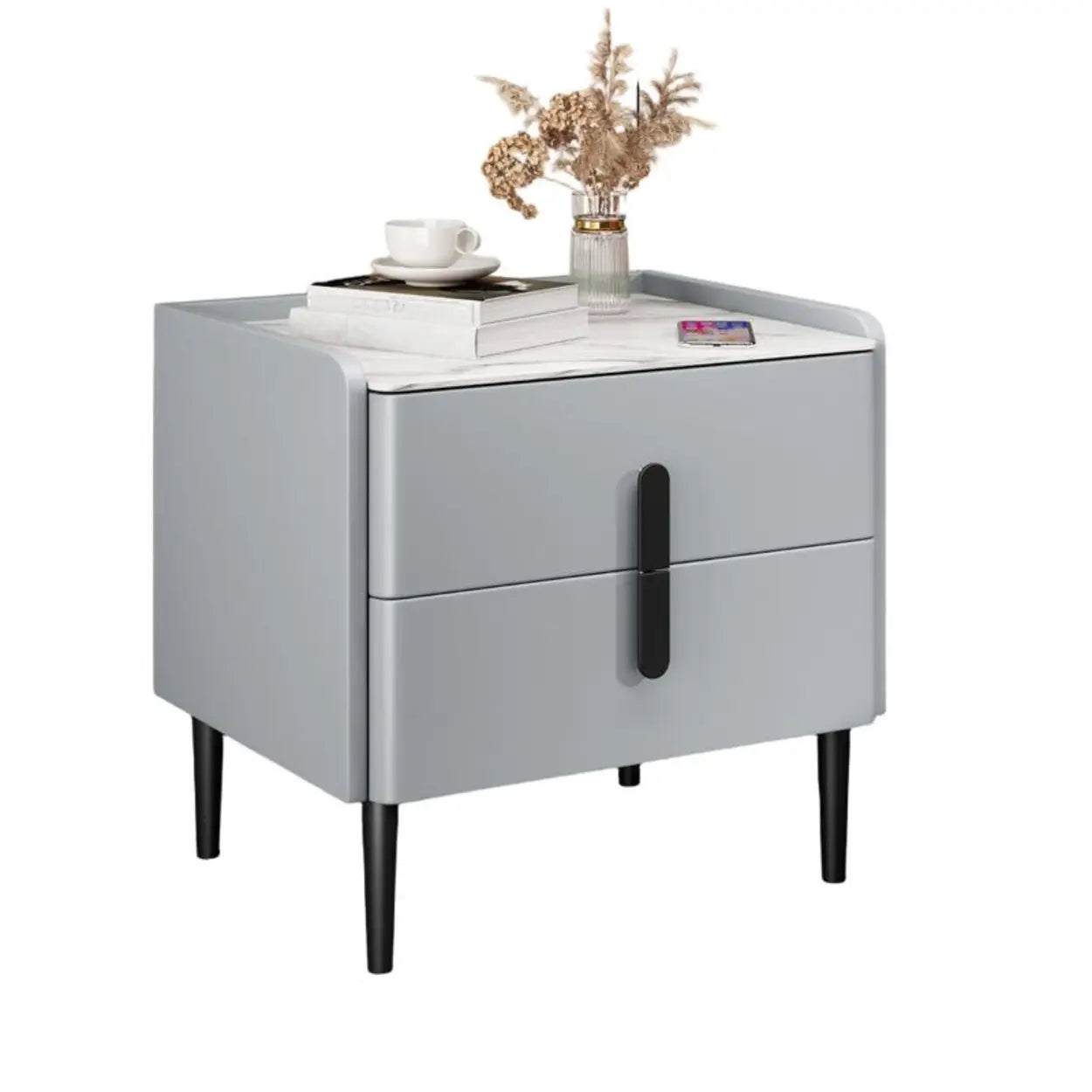 Modern Gray Marble Top Nightstand with Drawers — Blackish Green