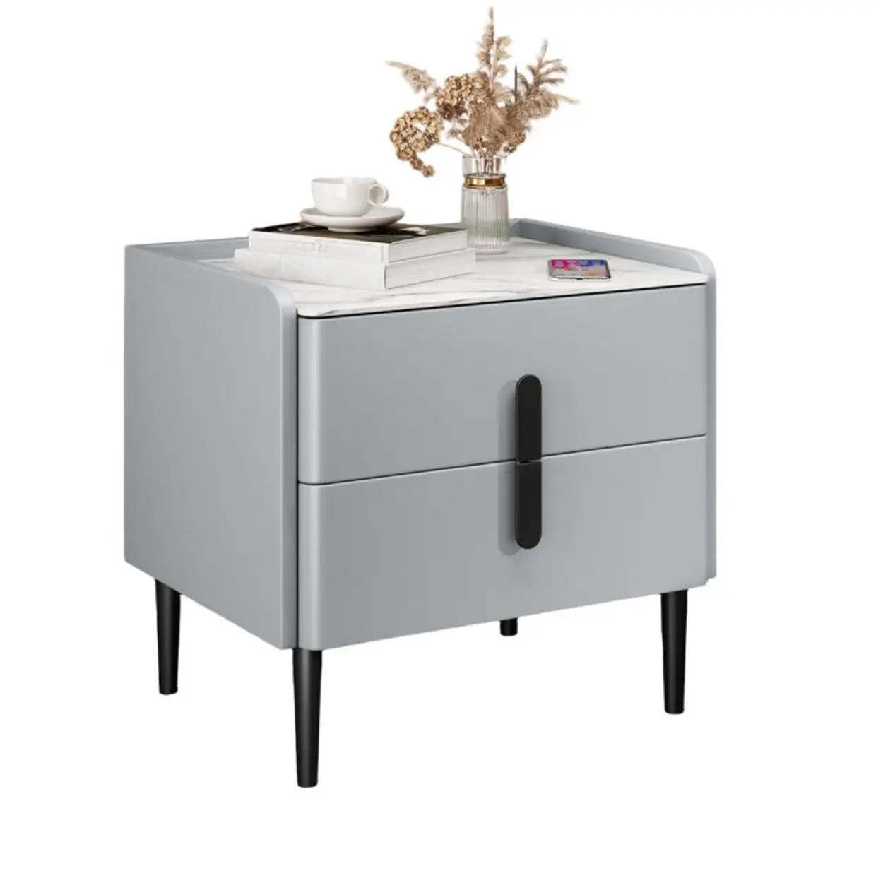 Modern Gray Marble Top Nightstand with Drawers — Blackish Green