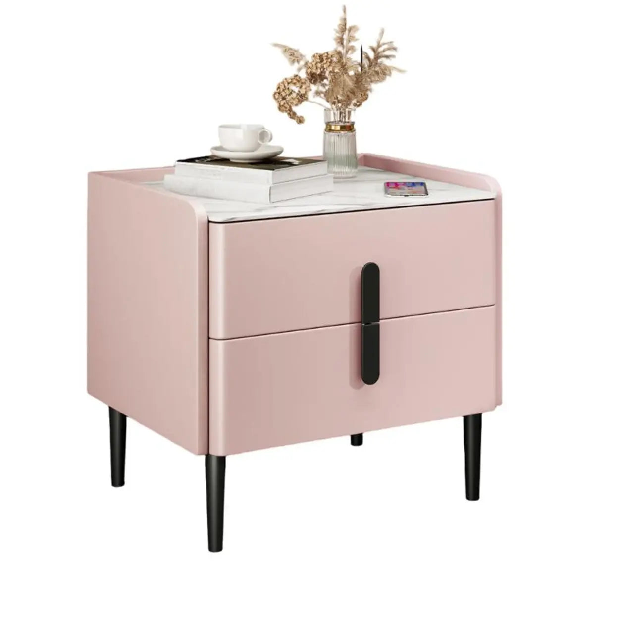 Modern Gray Marble Top Nightstand with Drawers — Pink