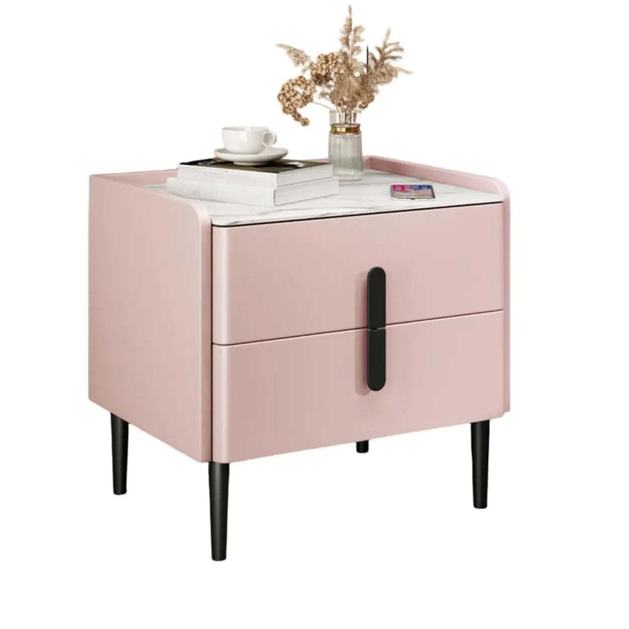 Modern Gray Marble Top Nightstand with Drawers — Pink