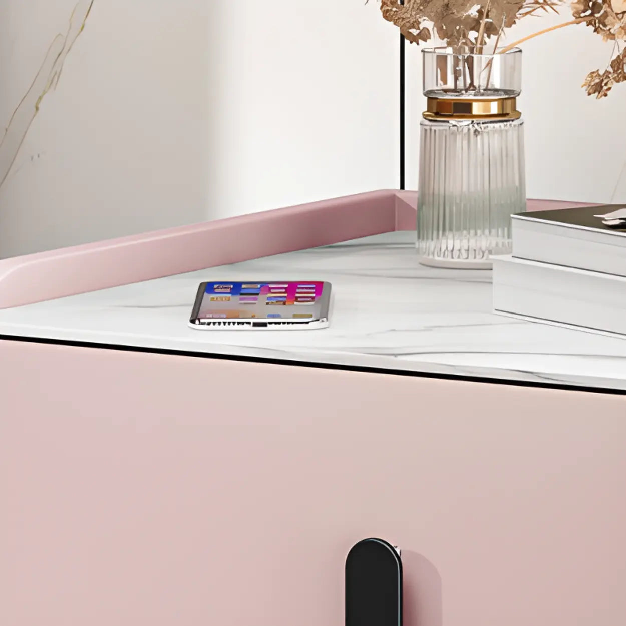 Modern Gray Marble Top Nightstand with Drawers — Orange