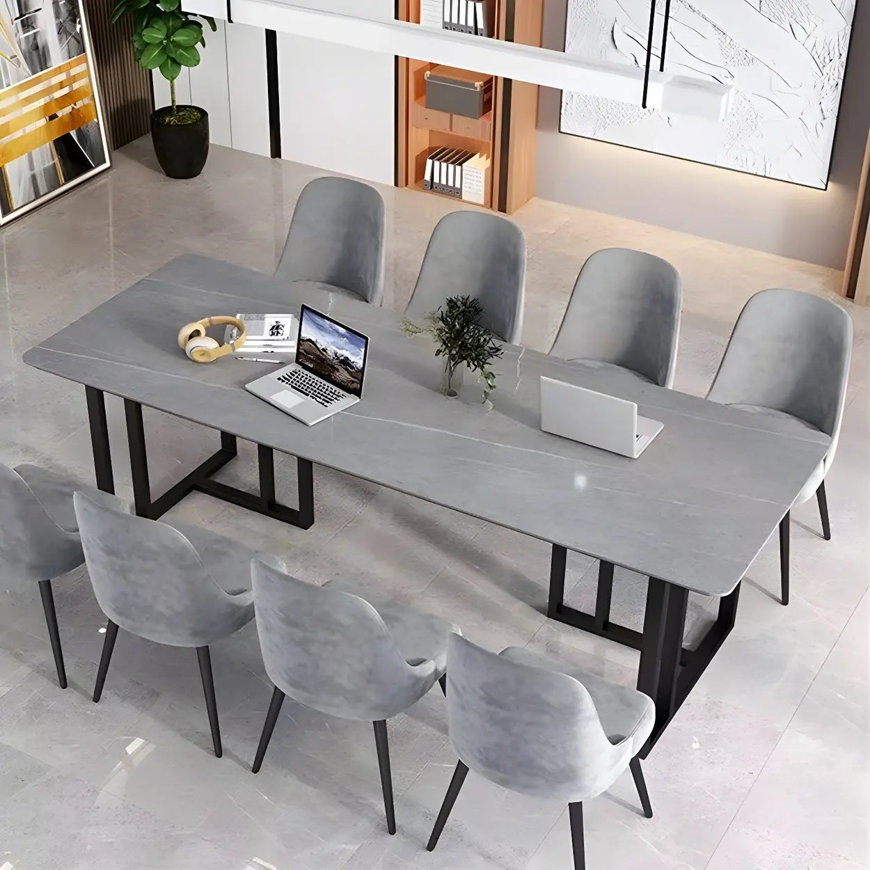 Modern Gray Stone Sled Writing Desk for 8 — Gold