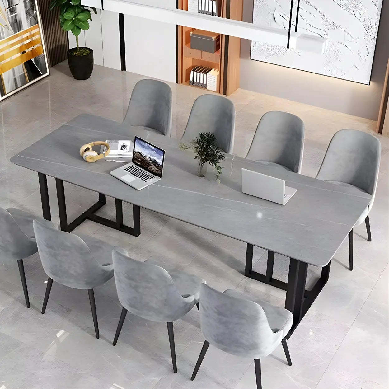 Modern Gray Stone Sled Writing Desk for 8 — Gold