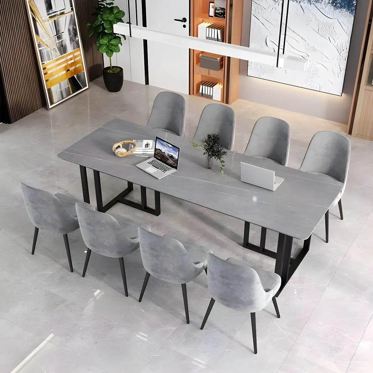 Modern Gray Stone Sled Writing Desk for 8 — Black