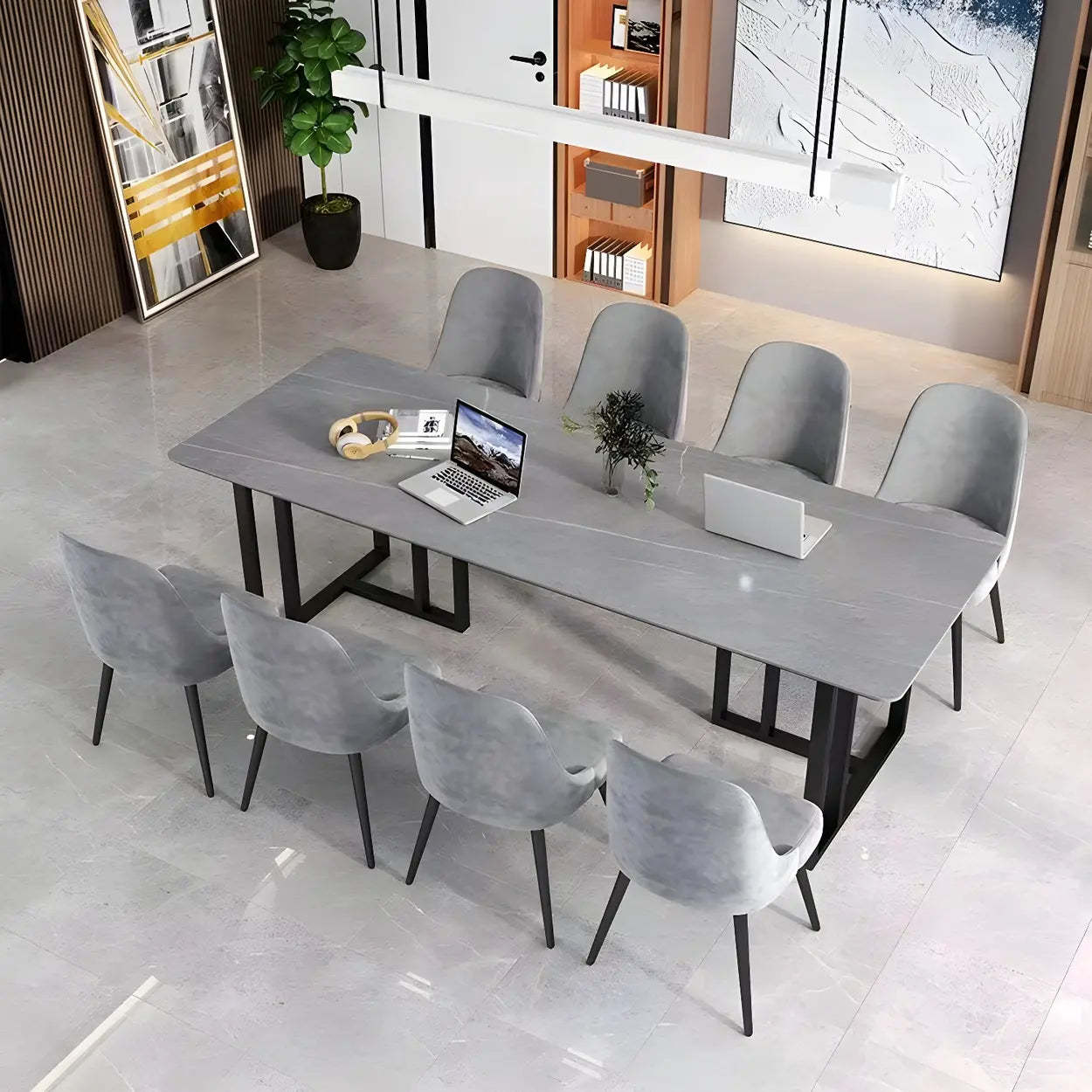 Modern Gray Stone Sled Writing Desk for 8 — Black