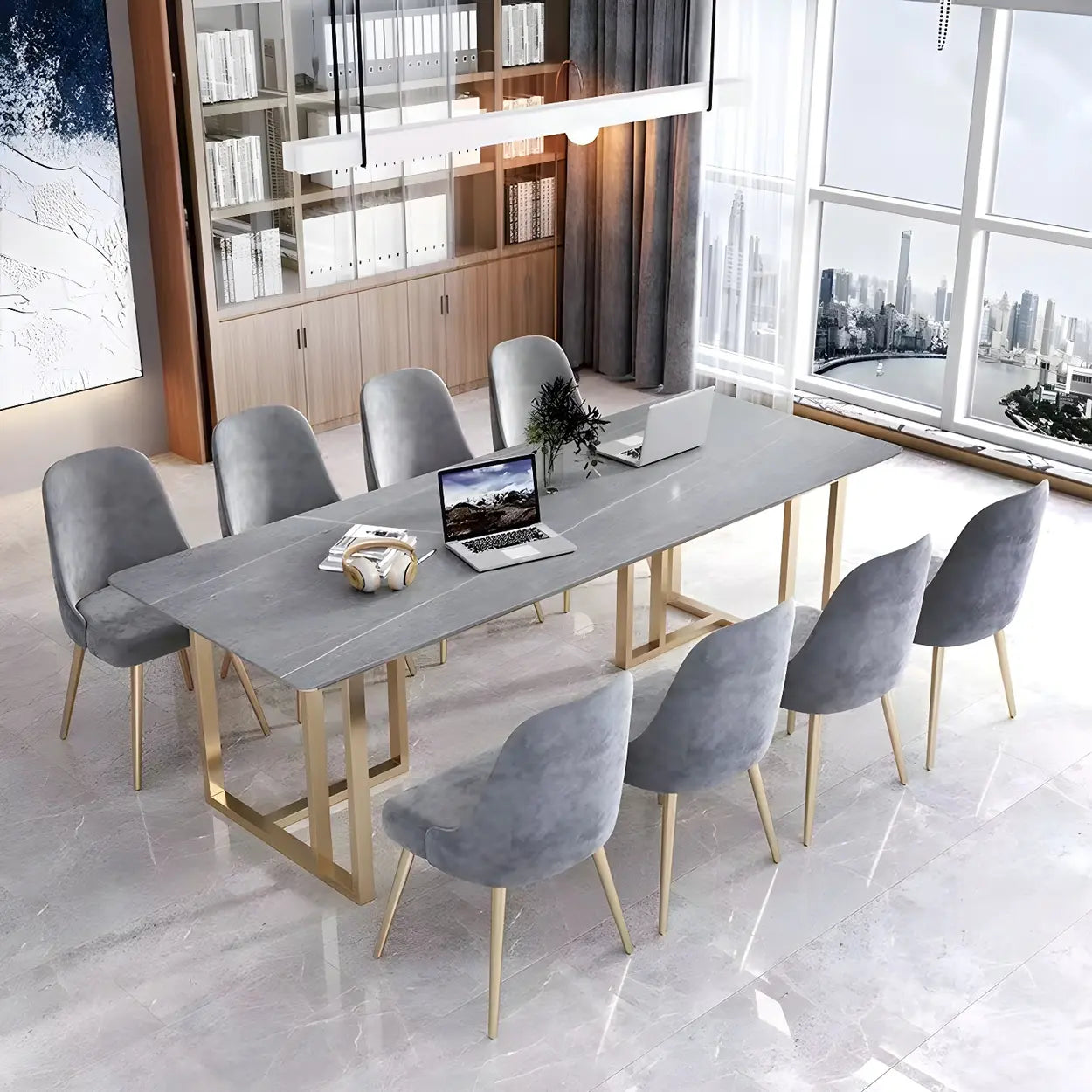 Modern Gray Stone Sled Writing Desk for 8 — Gold