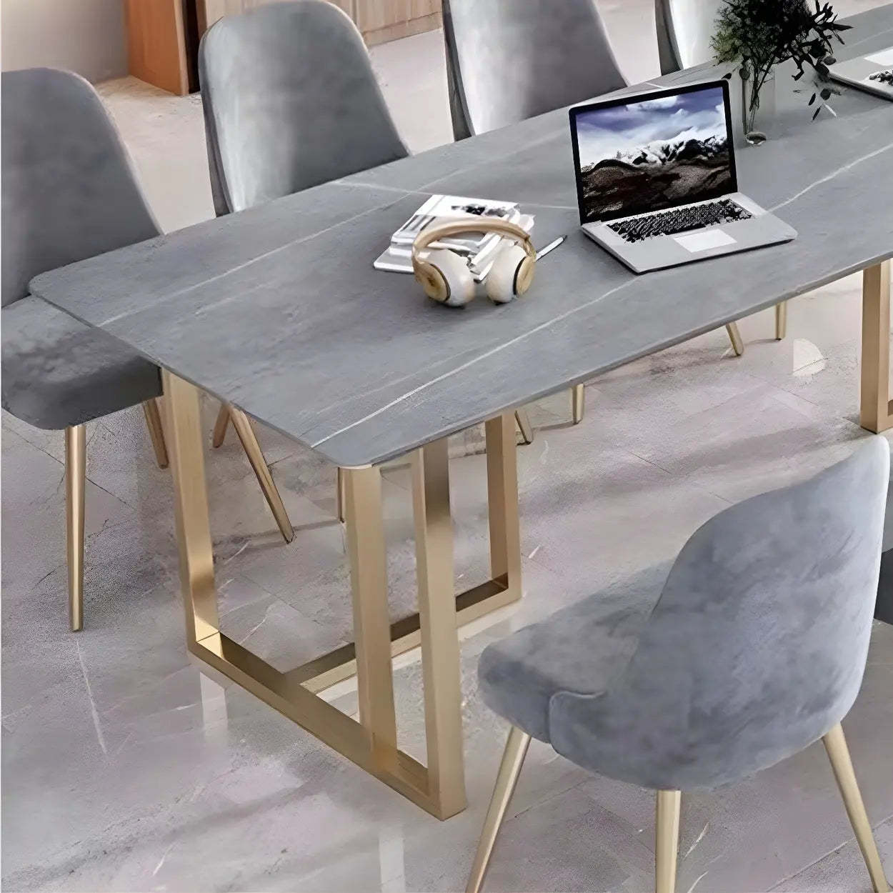 Modern Gray Stone Sled Writing Desk for 8
