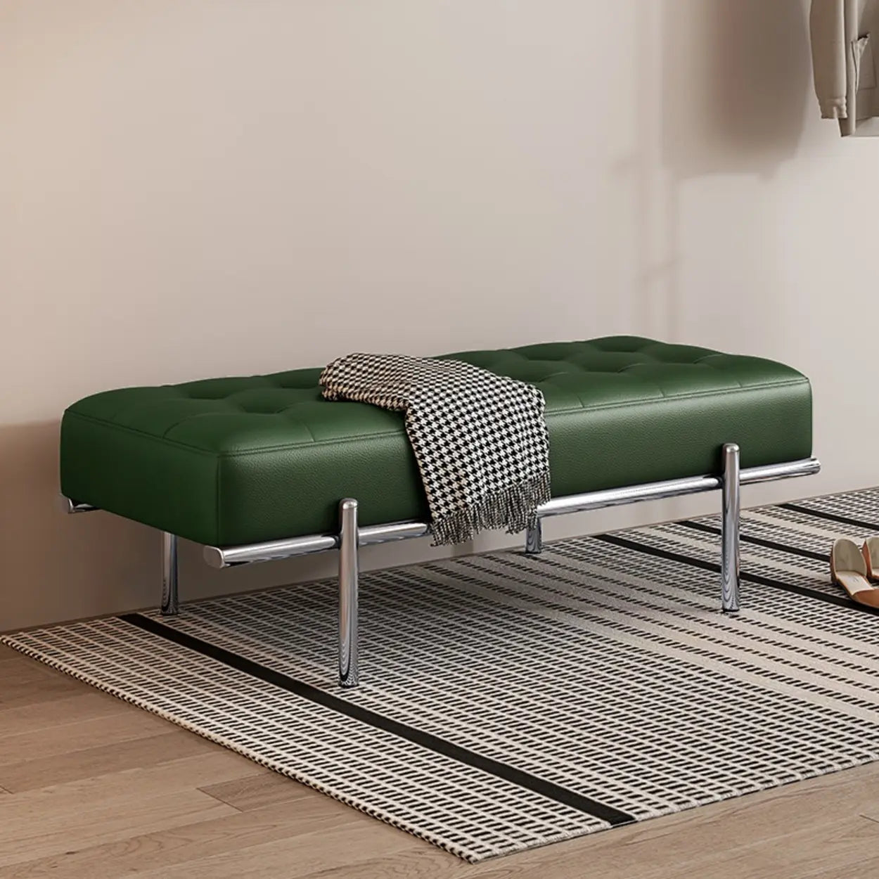 Modern Green Faux Leather Bench with Chrome Legs