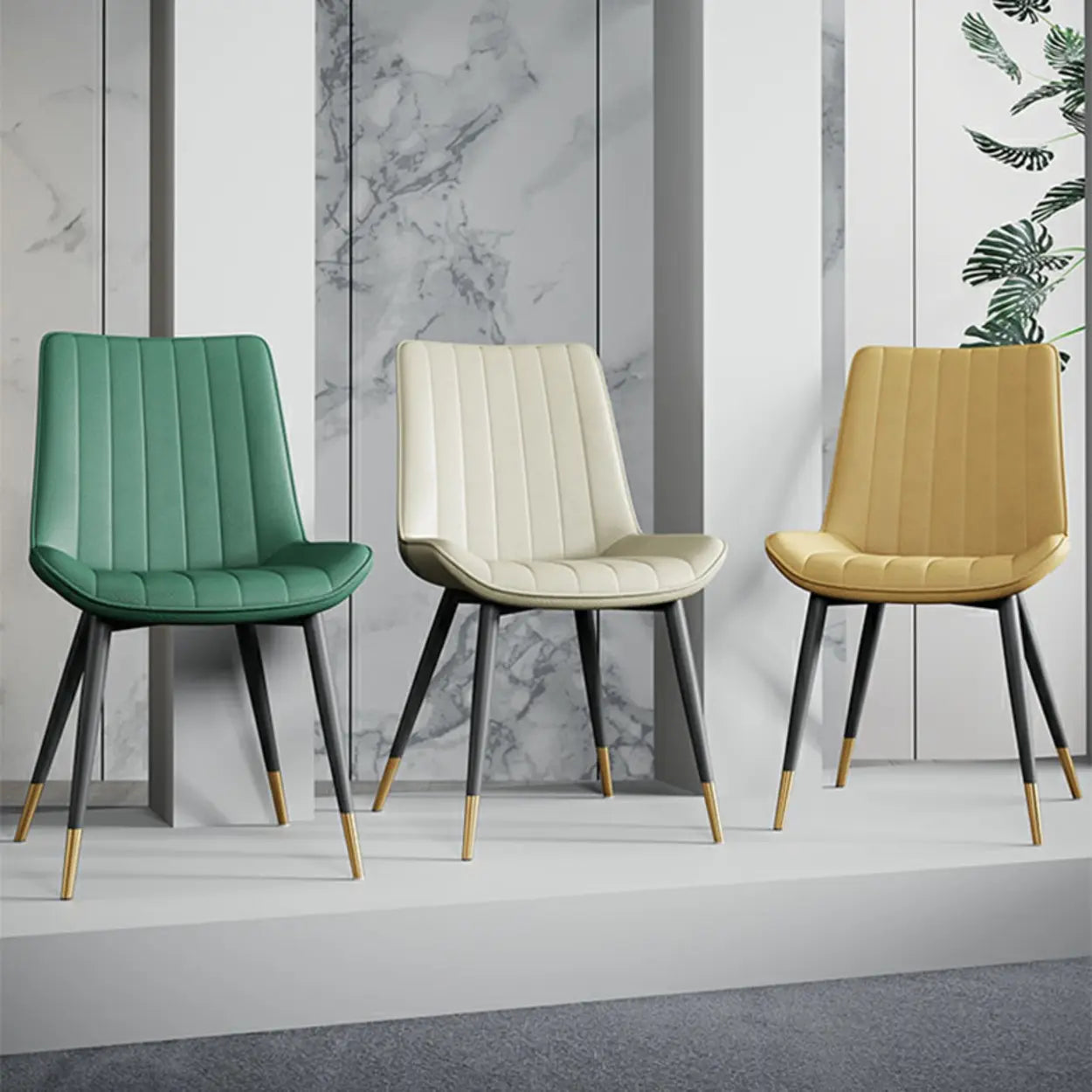 Modern Green Leather Dining Chair with Metal Legs