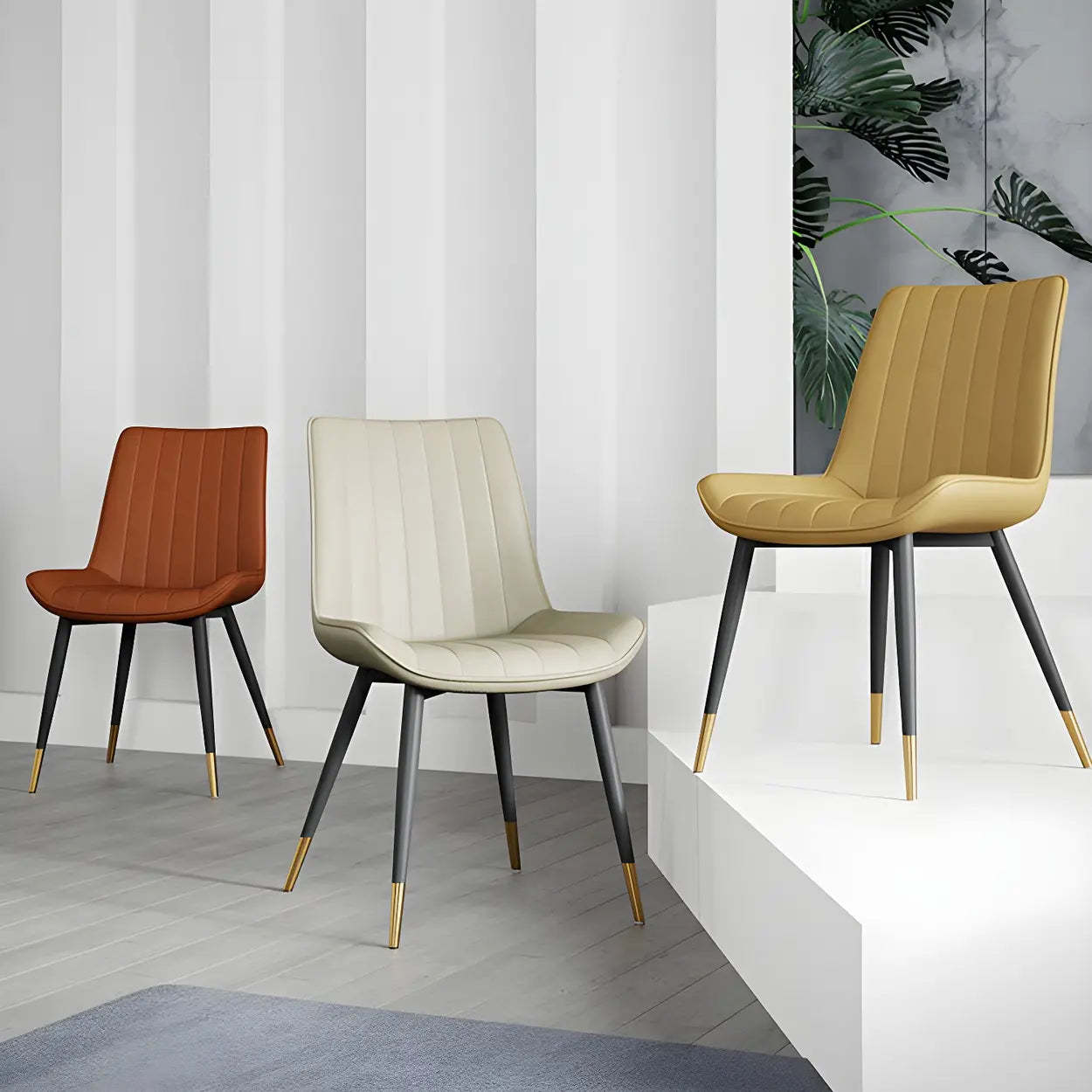 Modern Green Leather Dining Chair with Metal Legs — Camel / Black/ Gold