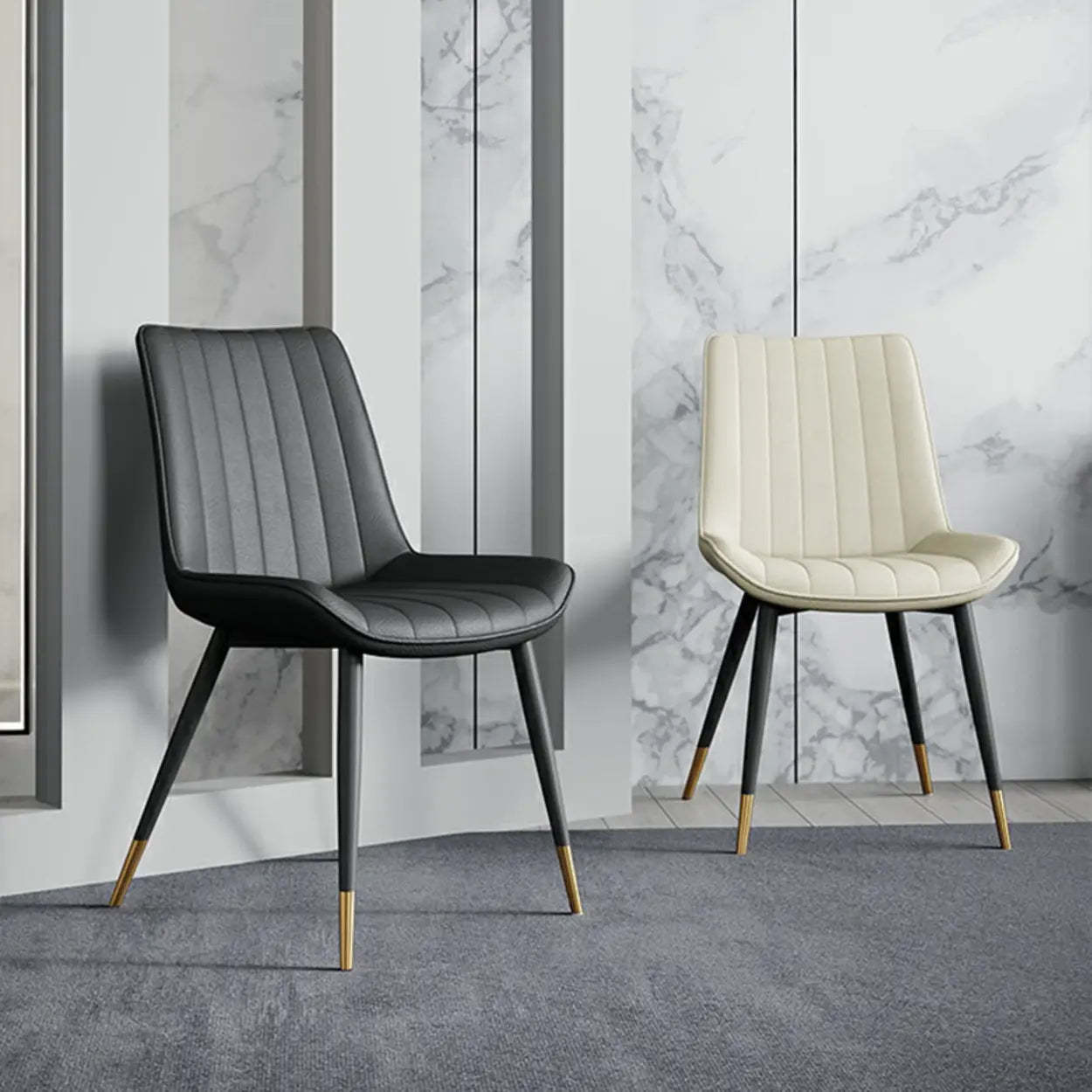 Modern Green Leather Dining Chair with Metal Legs — Off-White / Black