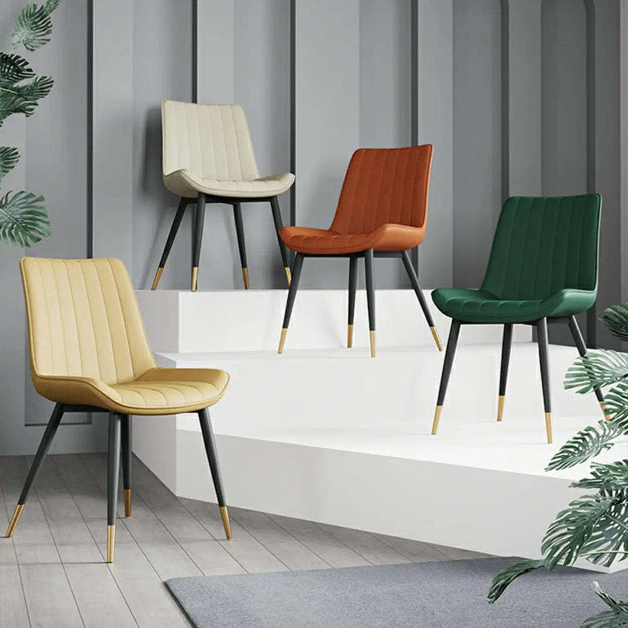 Modern Green Leather Dining Chair with Metal Legs — Off-White / Black/ Gold
