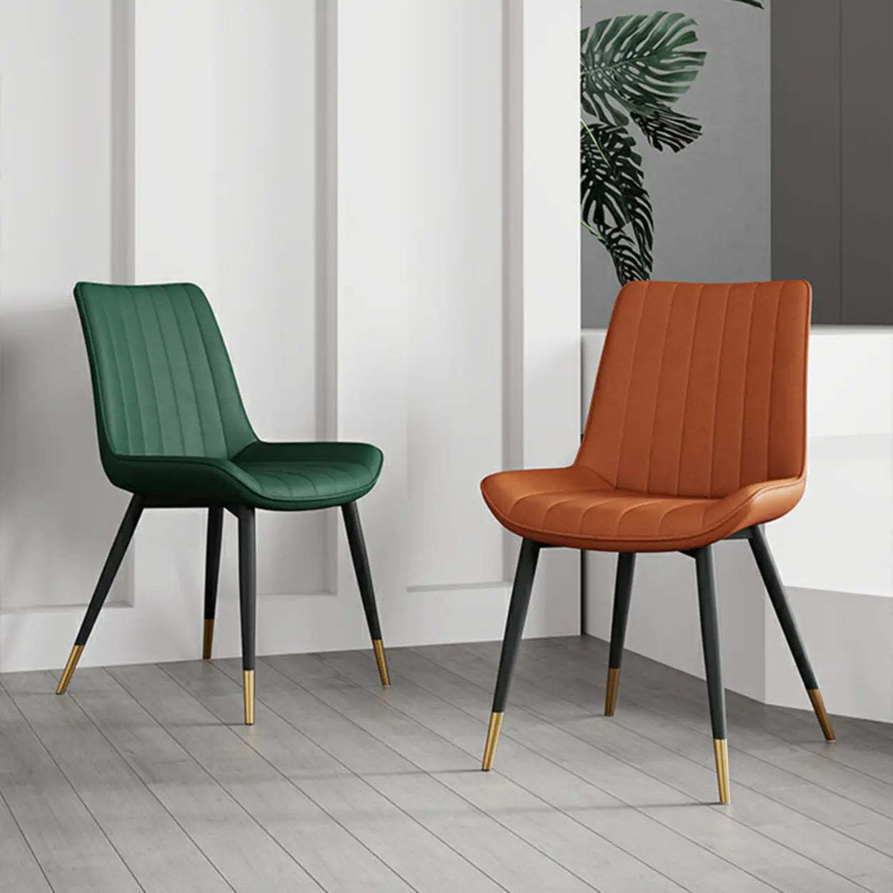 Modern Green Leather Dining Chair with Metal Legs — Brown / Black/ Gold
