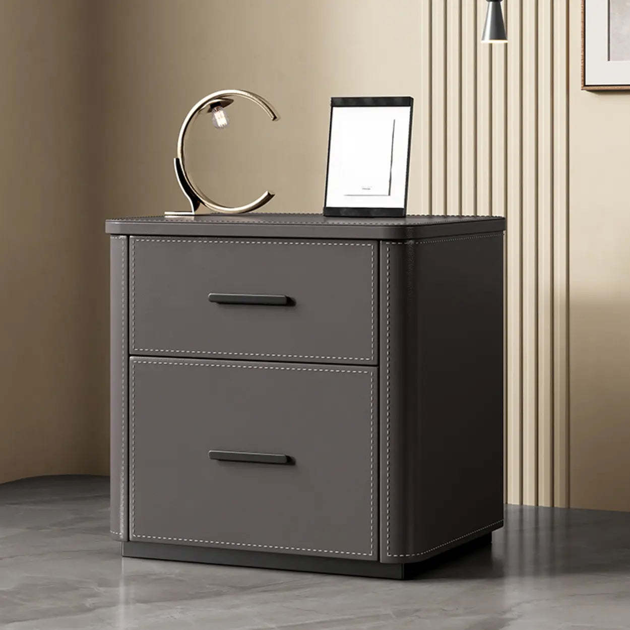 Modern Gray Narrow Wood 2-Drawer Nightstand — Grey
