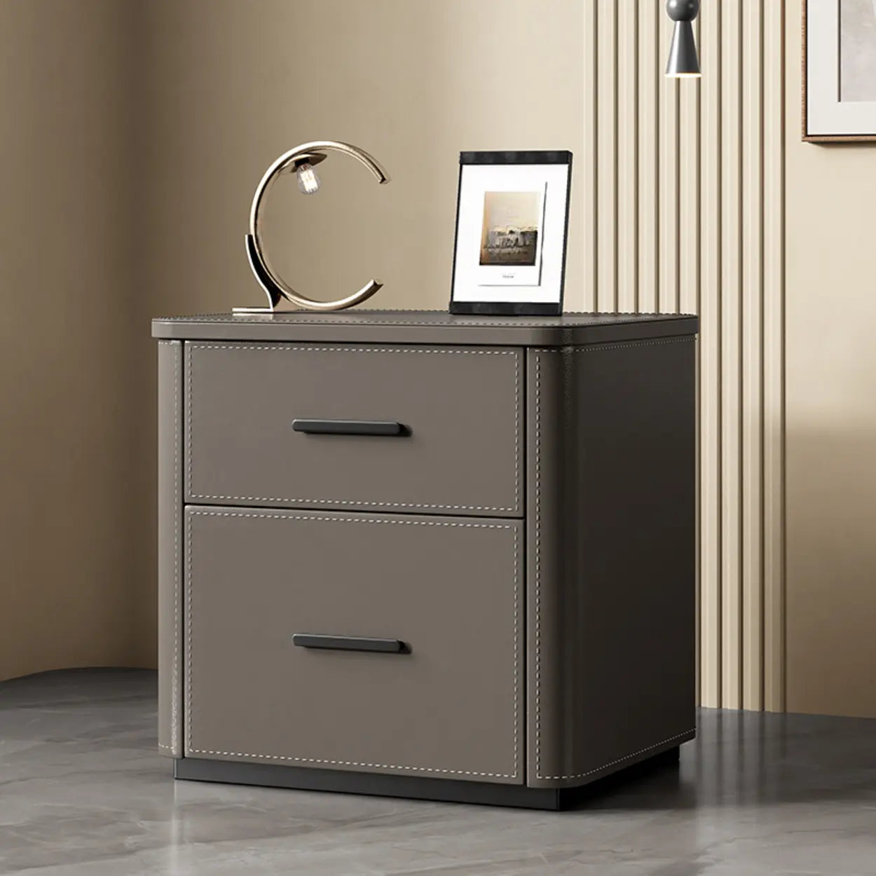 Modern Gray Narrow Wood 2-Drawer Nightstand — Beige