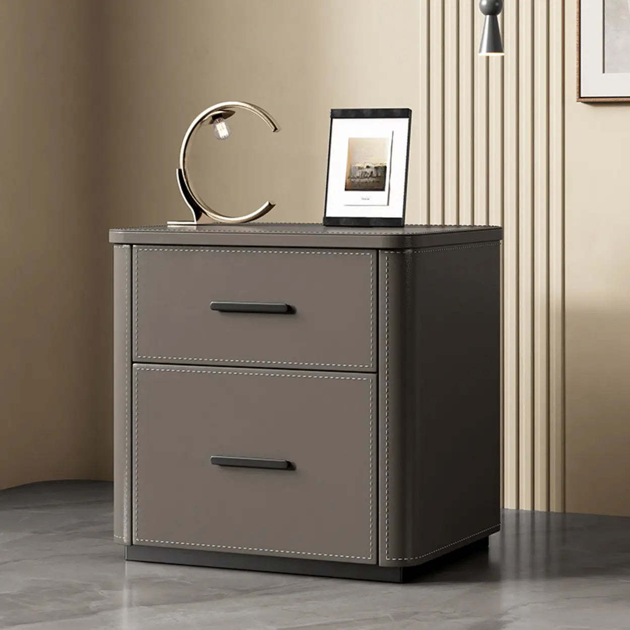 Modern Gray Narrow Wood 2-Drawer Nightstand — Beige