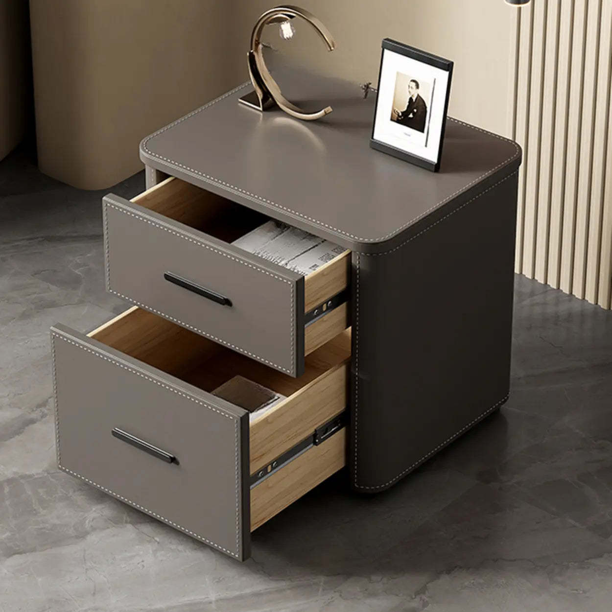 Modern Gray Narrow Wood 2-Drawer Nightstand — Orange