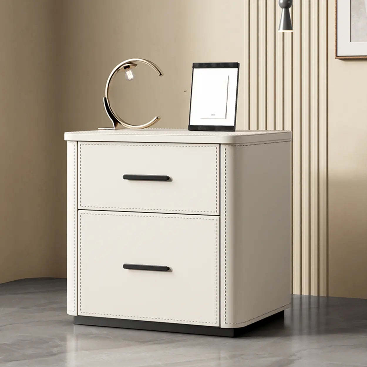 Modern Gray Narrow Wood 2-Drawer Nightstand — Light Khaki