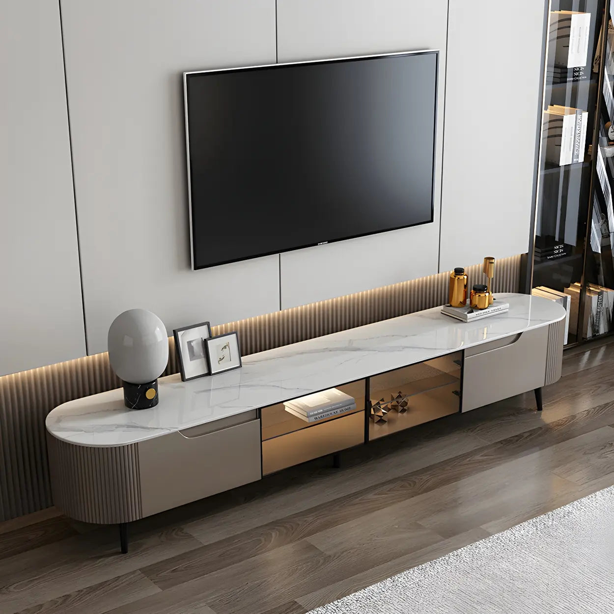 Modern Gray Stone Drawer Shelf Long TV Stand