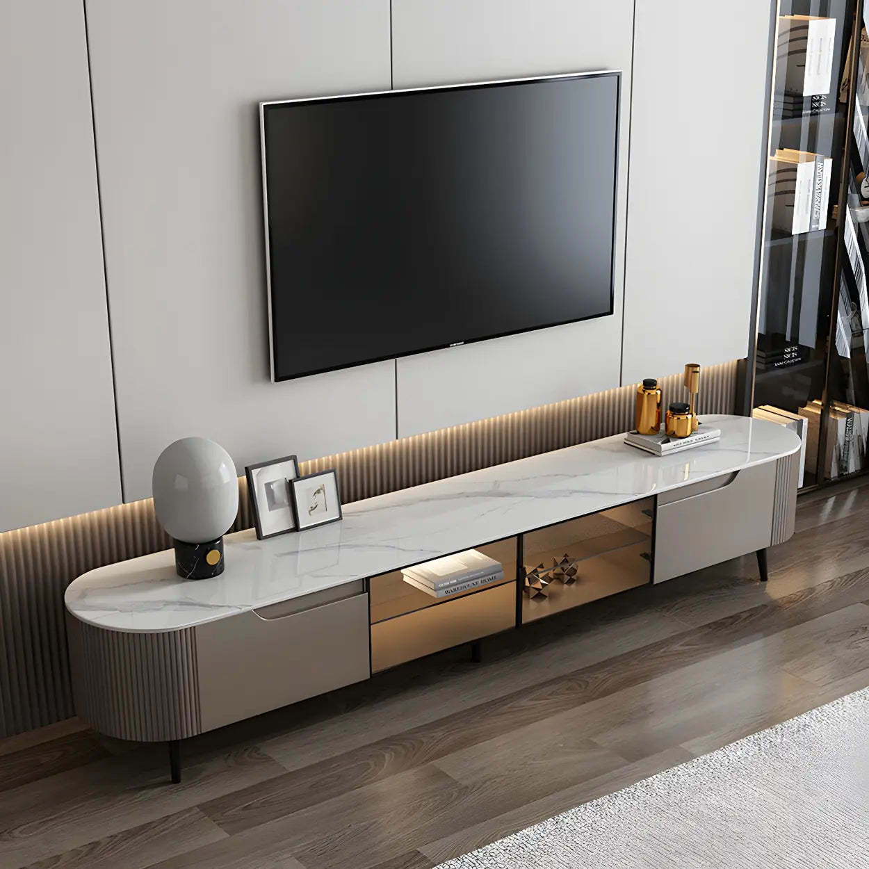 Modern Gray Stone Drawer Shelf Long TV Stand