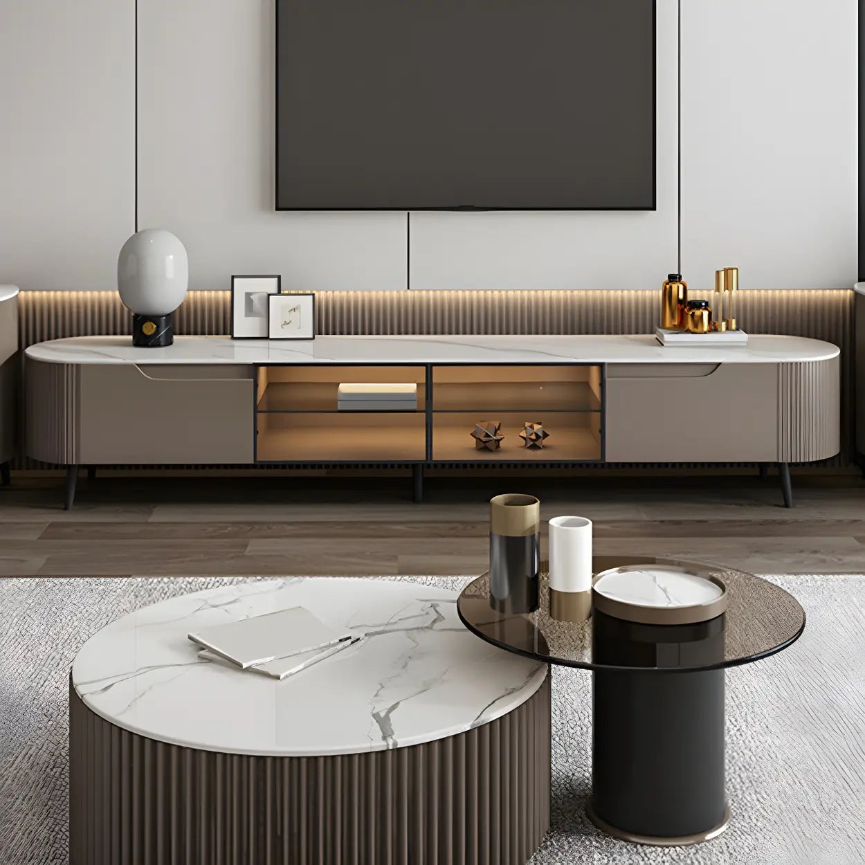 Modern long stand gray stone tv stands — 79" L x 16" W x 17" H