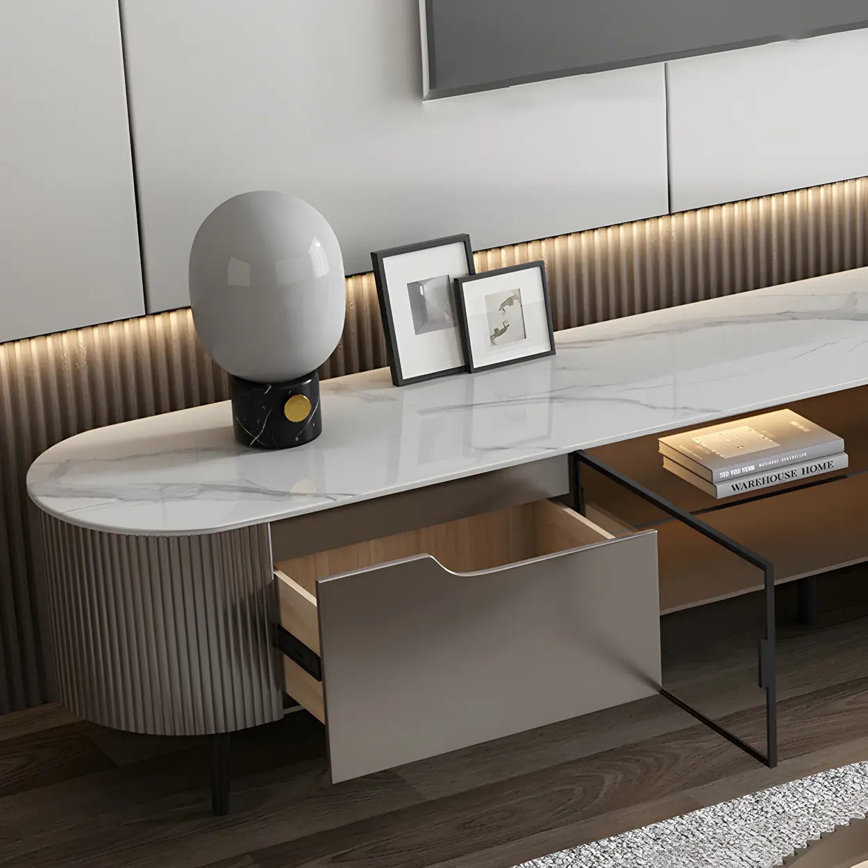 Modern Gray Stone Drawer Shelf Long TV Stand