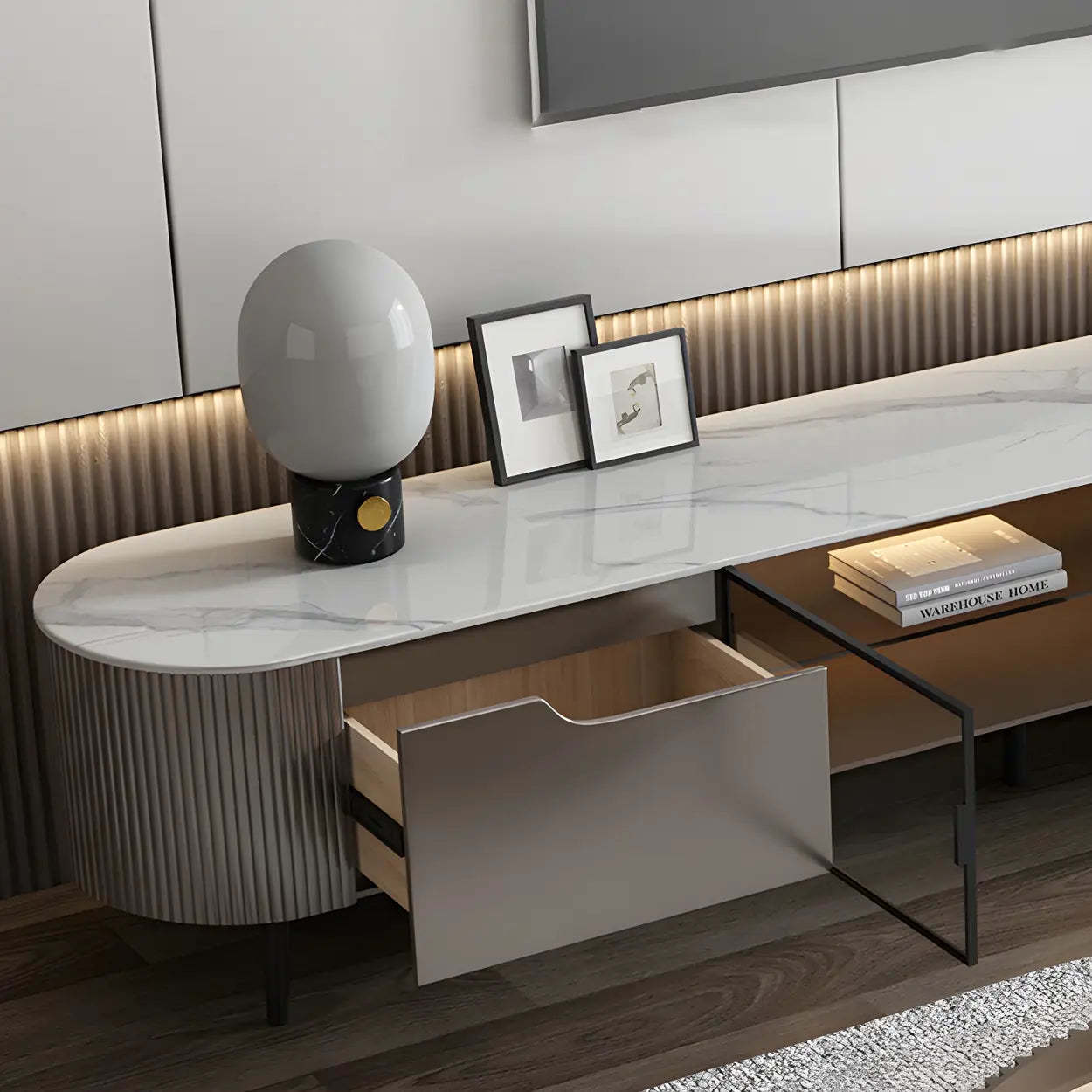 Modern Gray Stone Drawer Shelf Long TV Stand