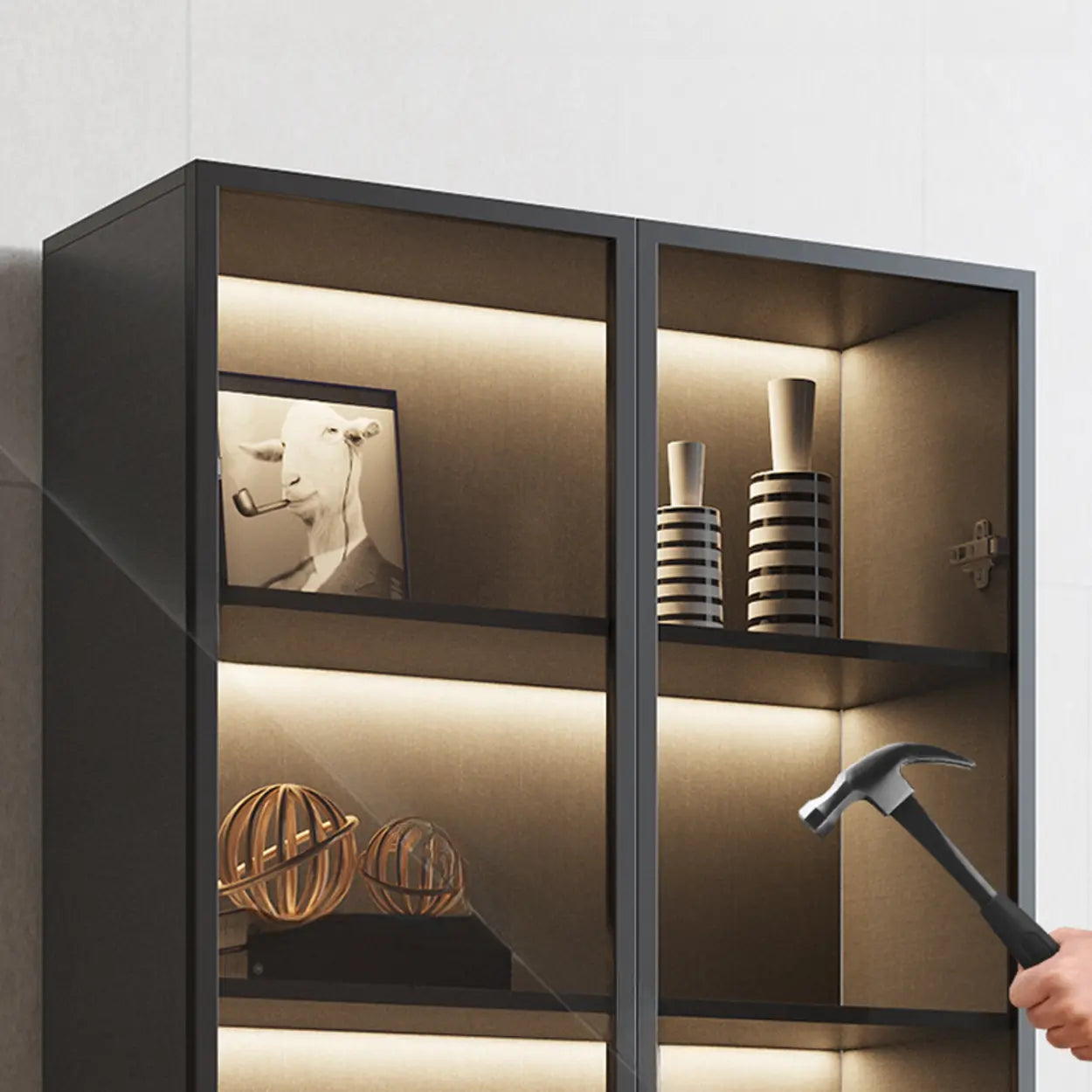 Modern Gray Wood Tall Display Cabinet — Smoke Gray