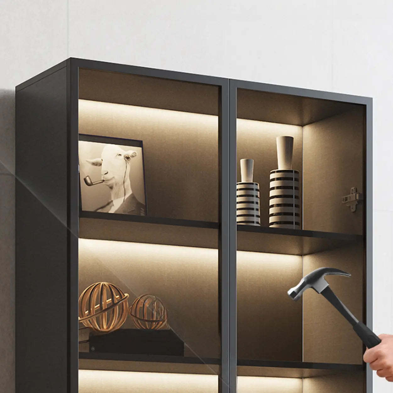 Modern Gray Wood Tall Display Cabinet — Smoke Gray