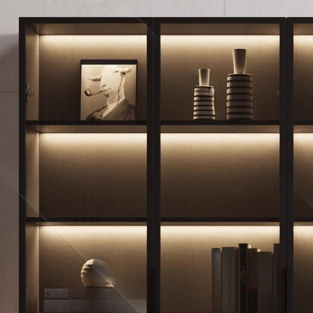 Modern Gray Wood Tall Display Cabinet — Pewter