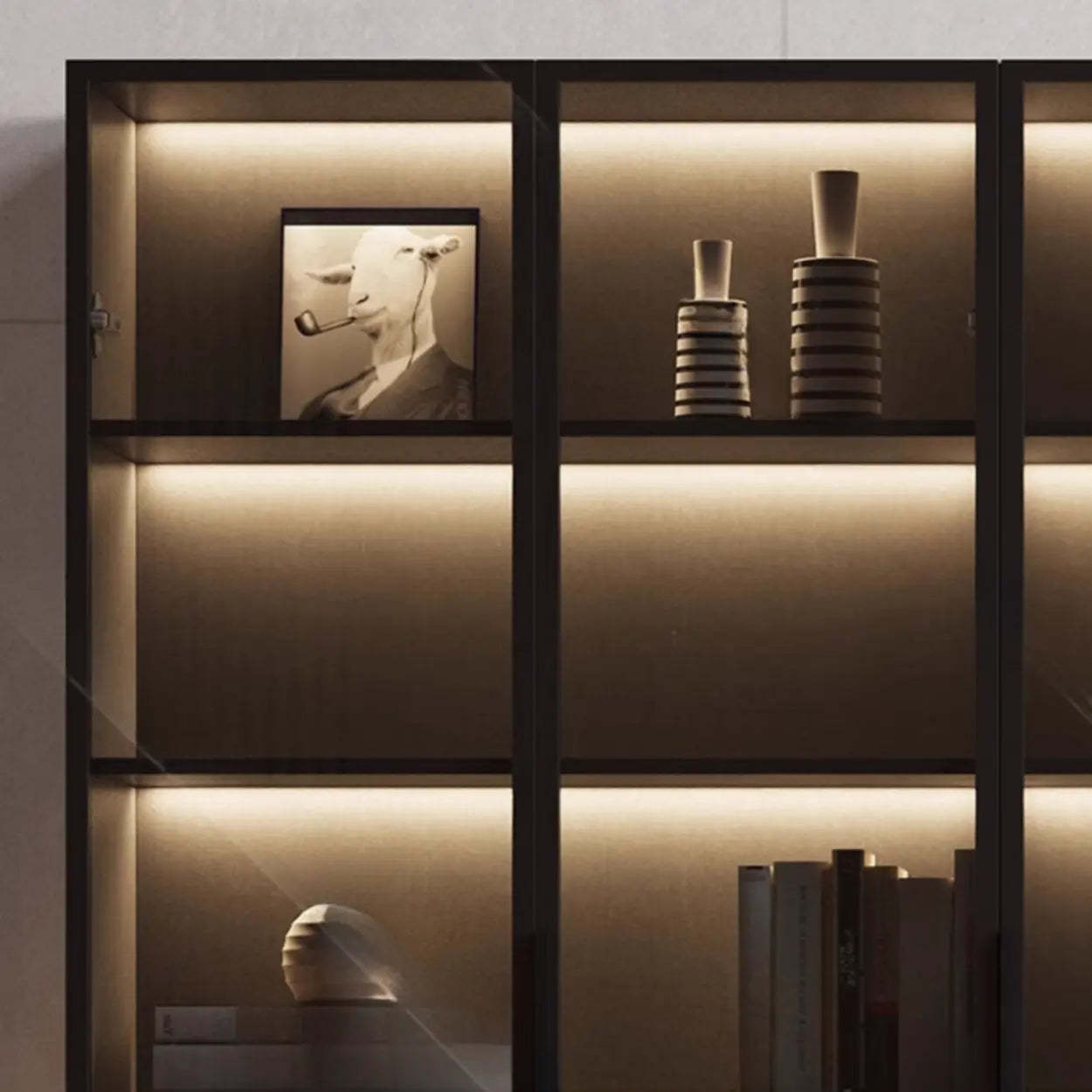 Modern Gray Wood Tall Display Cabinet — Pewter