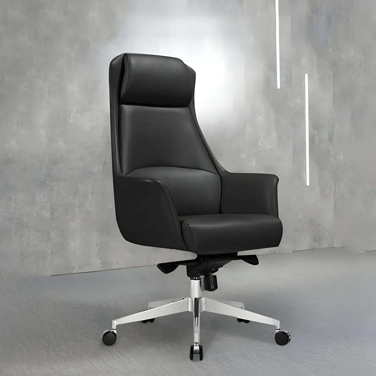 Gray leather high-back executive office chairs - leather — Casters Included / With Headrest / Black