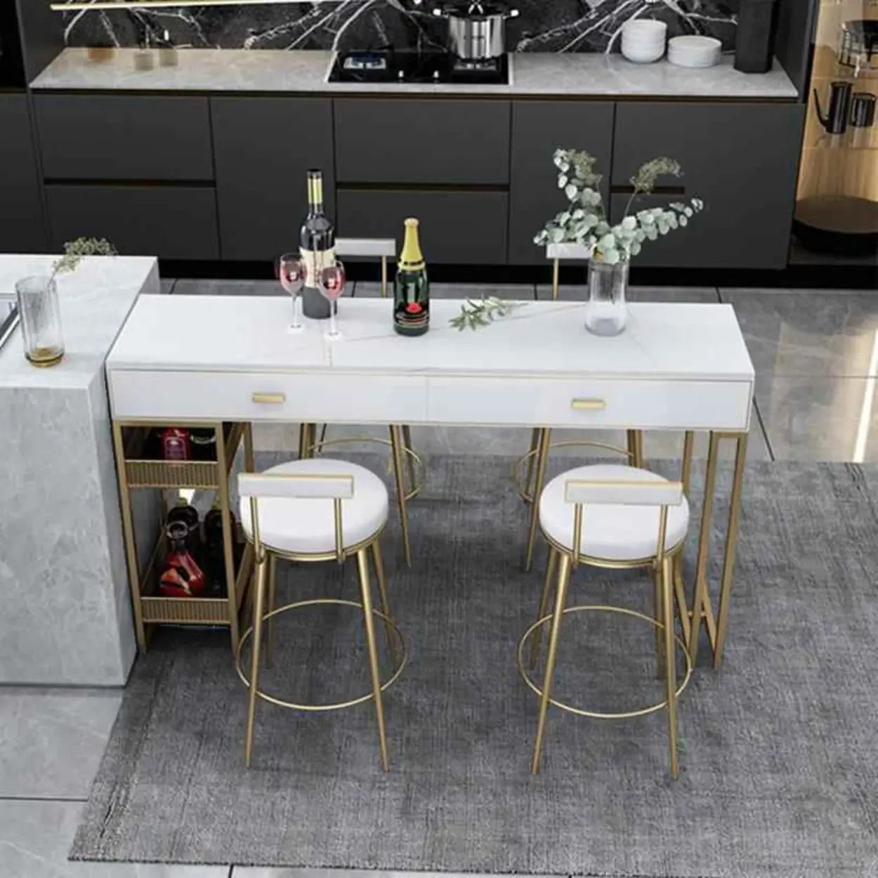 Modern Home Bar Height Table with Shelves — Marble / Table Only
