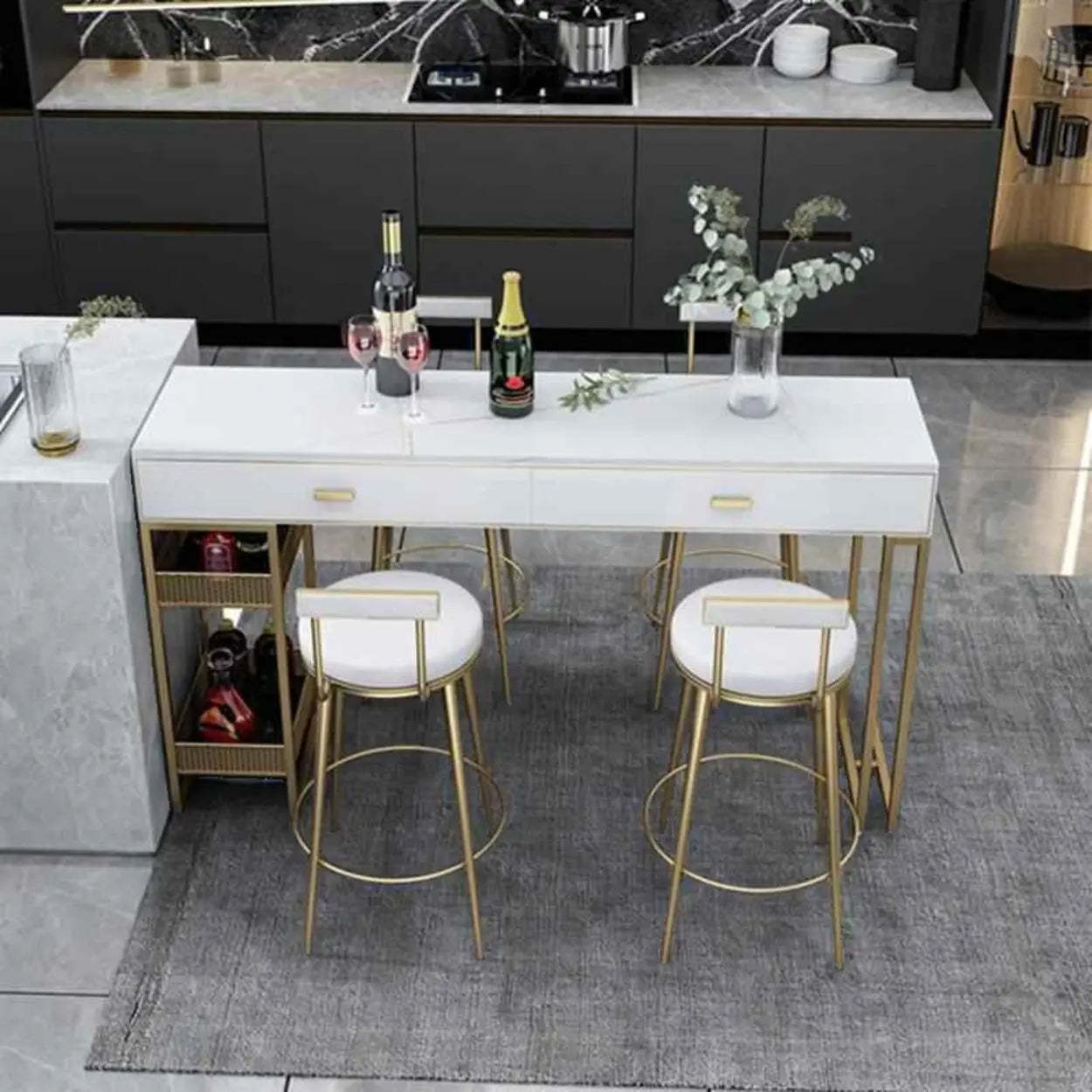 Modern Home Bar Height Table with Shelves — Marble / Table Only