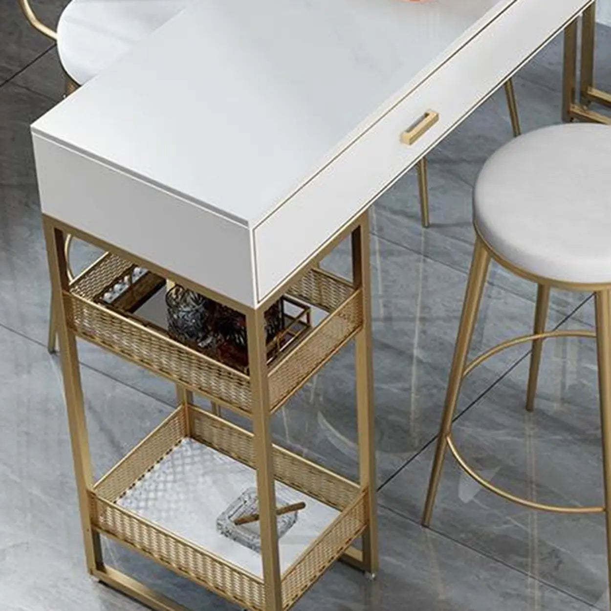 Modern Home Bar Height Table with Shelves — Marble / Table Only