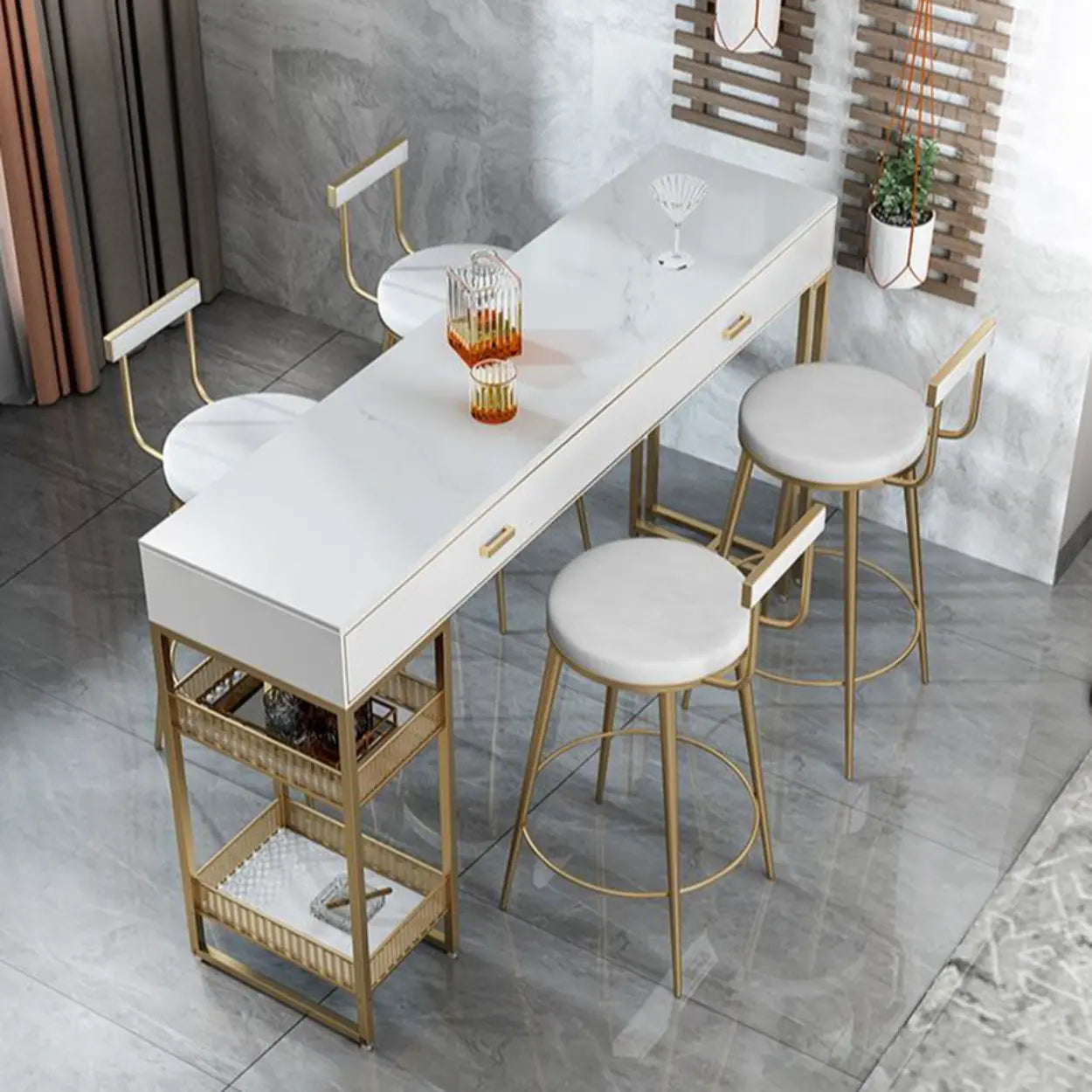 Modern Home Bar Height Table with Shelves — Rock Beam / Table Only