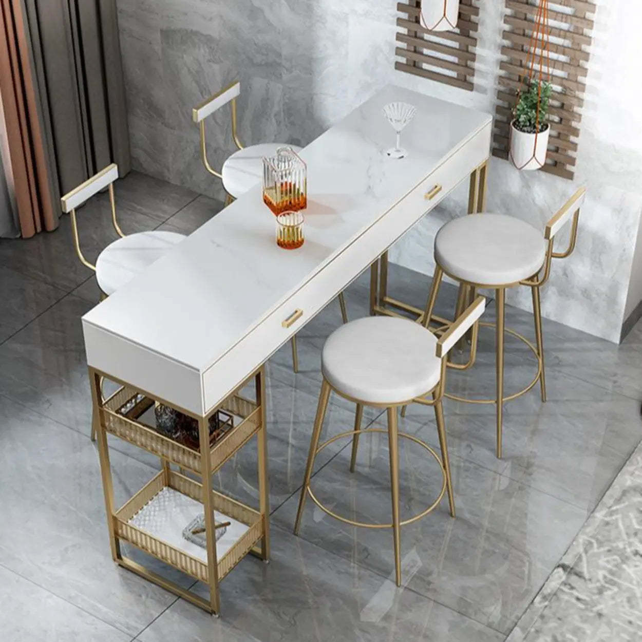 Modern Home Bar Height Table with Shelves — Rock Beam / Table Only