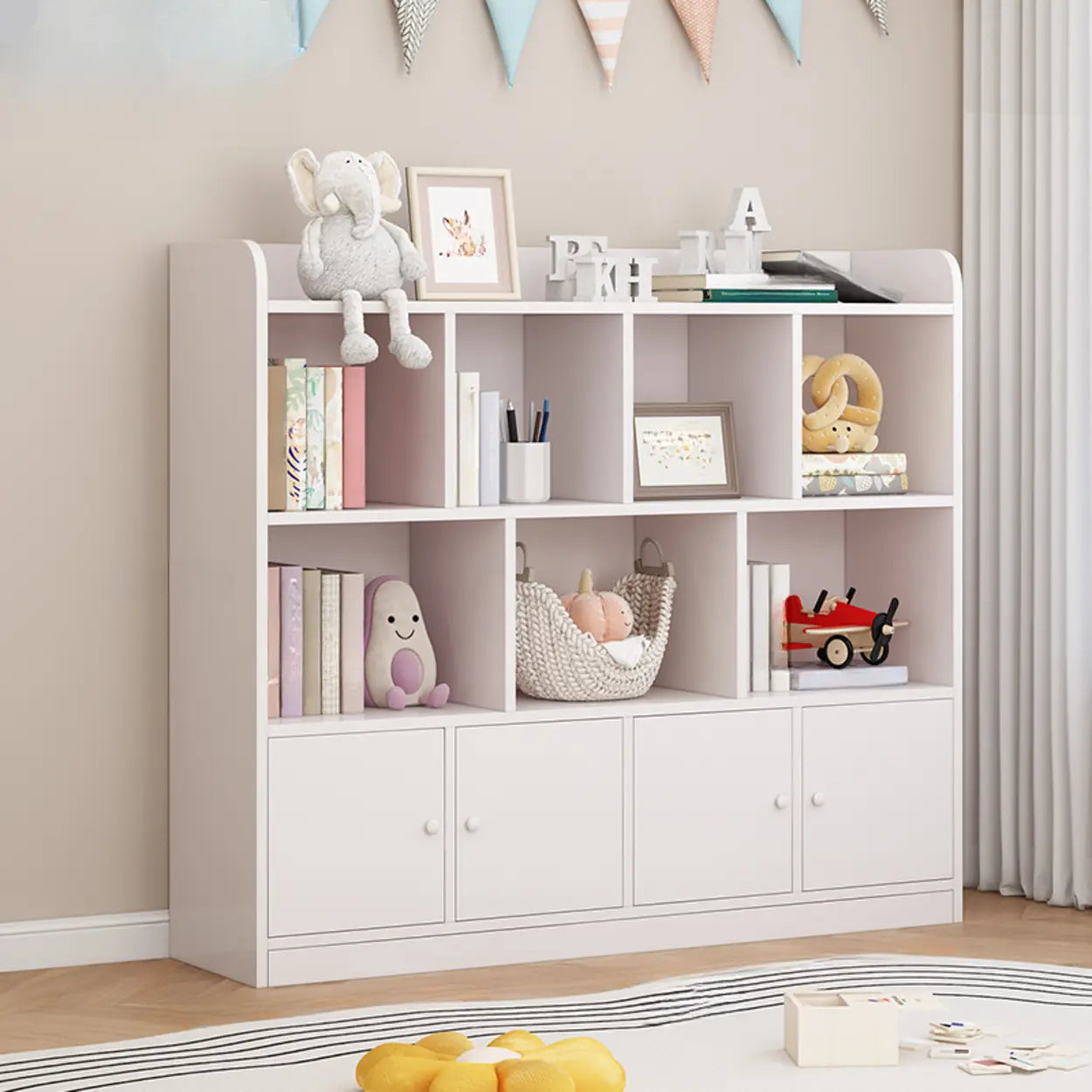 Modern Horizontal White Wood Display Bookcase
