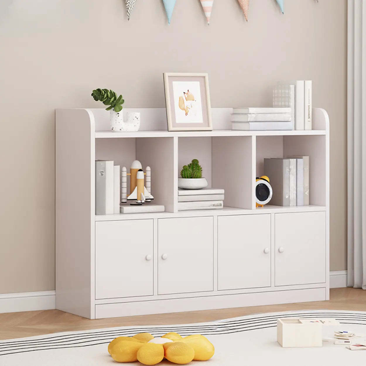 Modern Horizontal White Wood Display Bookcase