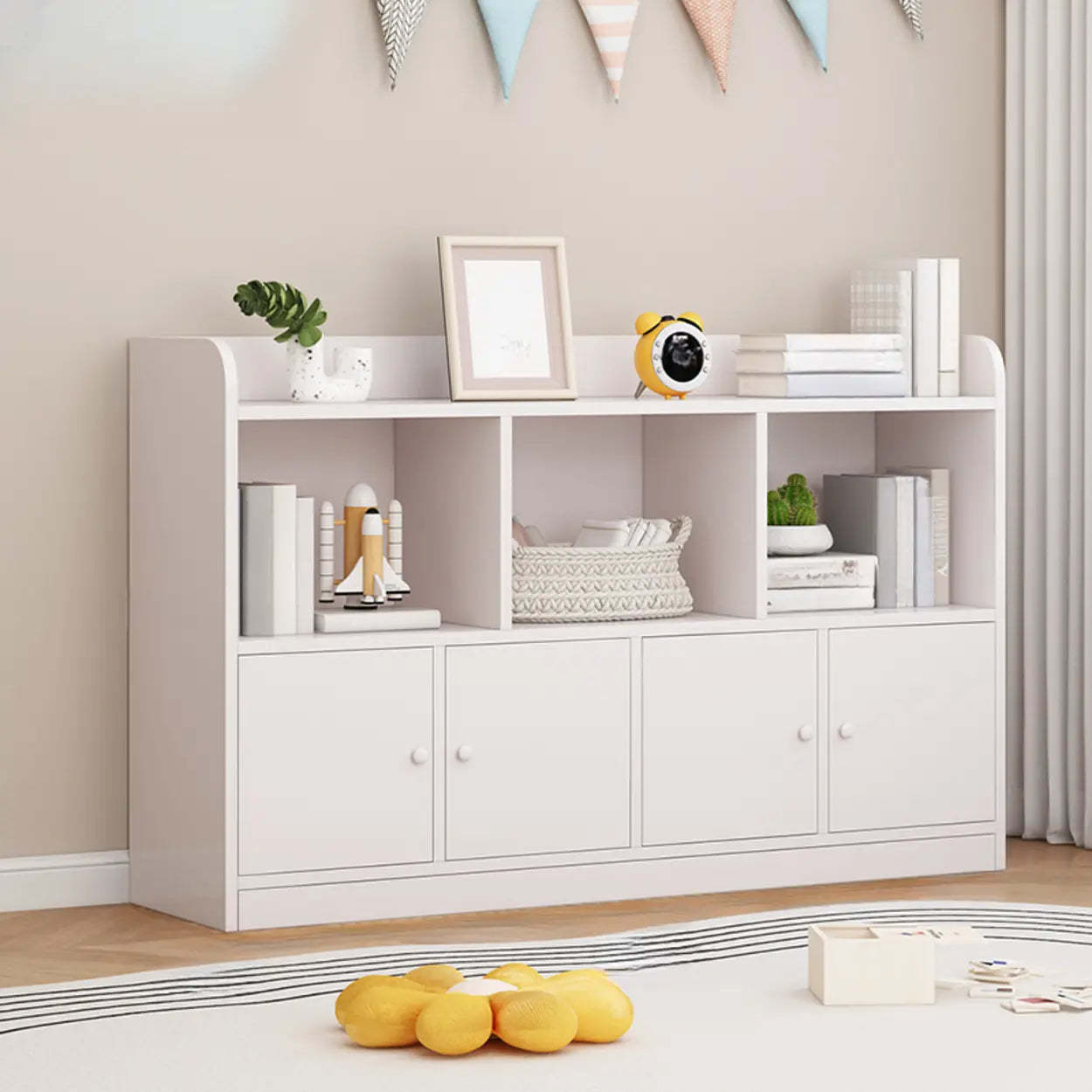 Modern Horizontal White Wood Display Bookcase